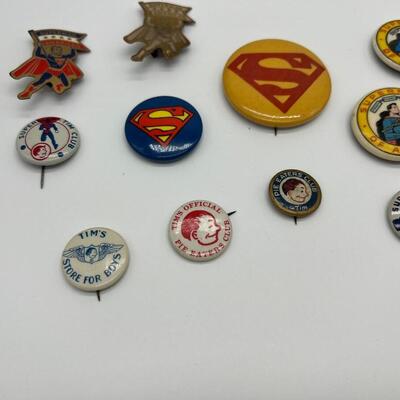 Lot of 13 Antique Superman Buttons and Pins