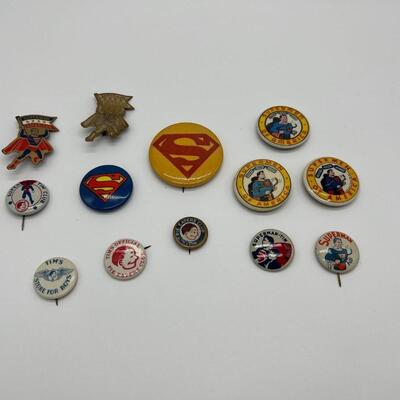Lot of 13 Antique Superman Buttons and Pins
