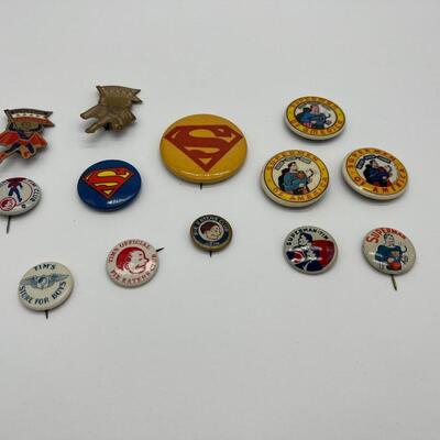 Lot of 13 Antique Superman Buttons and Pins
