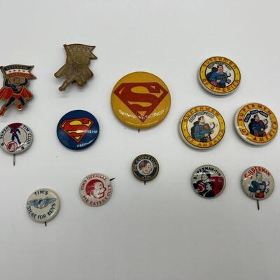 Lot of 13 Antique Superman Buttons and Pins
