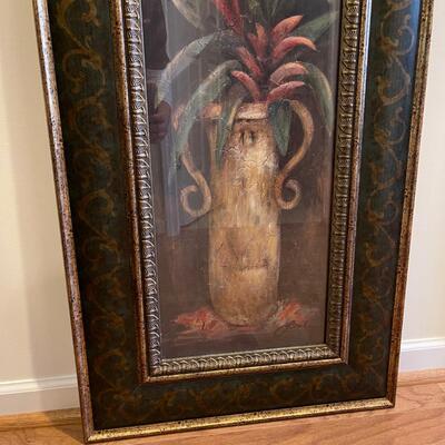 Long Tropical Plant Artwork with a Green and Gold Frame (H-SW)