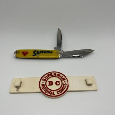 Lot of 2 Vintage Superman Collectibles 1960s Comic Book Rack Attachment and Pocket Knife