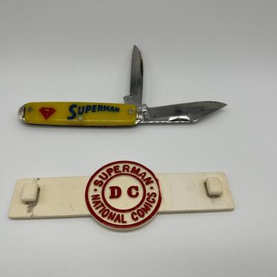 Lot of 2 Vintage Superman Collectibles 1960s Comic Book Rack Attachment and Pocket Knife
