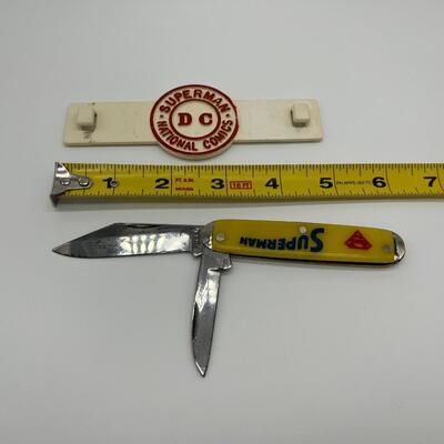 Lot of 2 Vintage Superman Collectibles 1960s Comic Book Rack Attachment and Pocket Knife