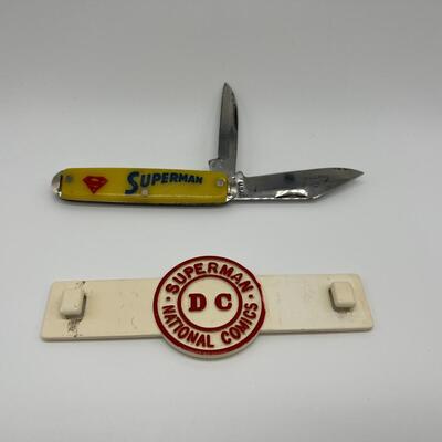 Lot of 2 Vintage Superman Collectibles 1960s Comic Book Rack Attachment and Pocket Knife