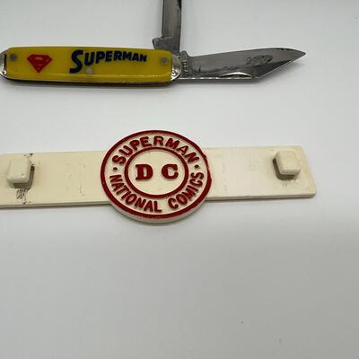 Lot of 2 Vintage Superman Collectibles 1960s Comic Book Rack Attachment and Pocket Knife