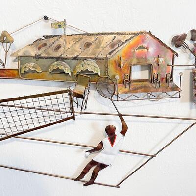 LARGE VINTAGE BRASS TENNIS COURT & PLAYERS WALL SCULPTURE