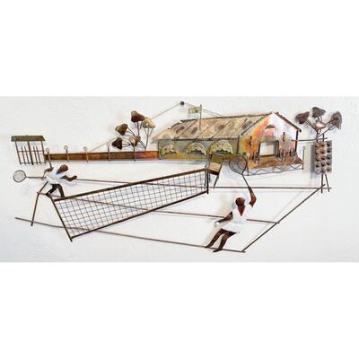 LARGE VINTAGE BRASS TENNIS COURT & PLAYERS WALL SCULPTURE