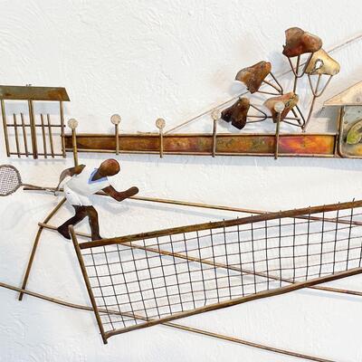 LARGE VINTAGE BRASS TENNIS COURT & PLAYERS WALL SCULPTURE