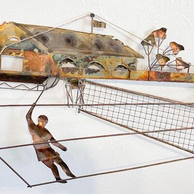 LARGE VINTAGE BRASS TENNIS COURT & PLAYERS WALL SCULPTURE