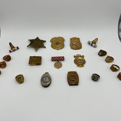 Lot of 21 Tom Mix Rings Badges Pins and Pendants from 1940s and 1950s