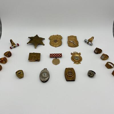 Lot of 21 Tom Mix Rings Badges Pins and Pendants from 1940s and 1950s