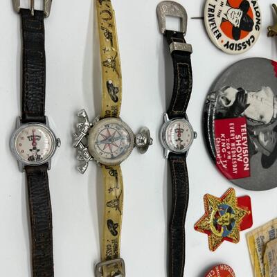 Large Lot of Vintage Hopalong Cassidy Collectibles Ephemera Cards Pocket Knife Buttons Badges Watches and Ring
