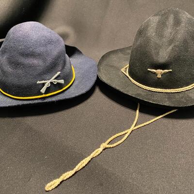 Pair of Vintage Kids Cavalry Hats with Pistol Rifle Bull and Rope Strings