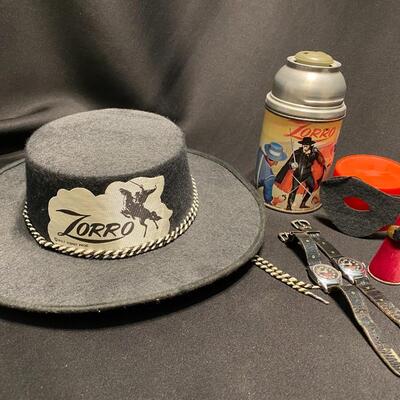 Lot of 6 1950s and Vintage Zorro Hat Watch Mask Ring Thermos and Cup