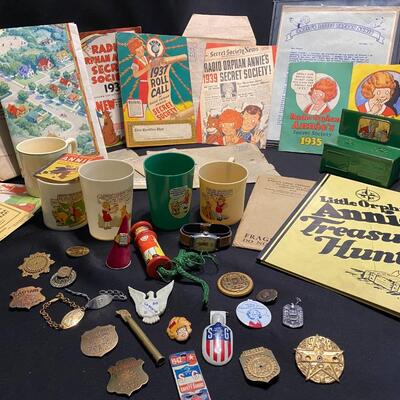 Large Lot of Antique Little Orphan Annie Books Ephemera Collectibles Cups Badges Pins and Collectibles