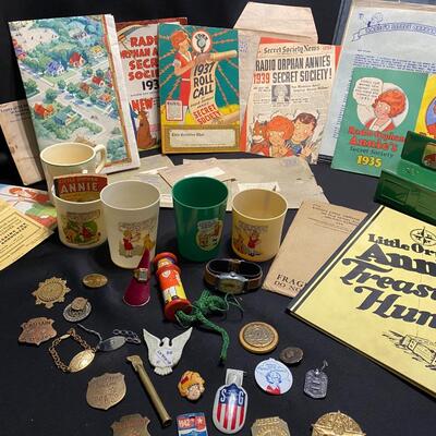 Large Lot of Antique Little Orphan Annie Books Ephemera Collectibles Cups Badges Pins and Collectibles