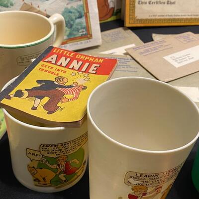 Large Lot of Antique Little Orphan Annie Books Ephemera Collectibles Cups Badges Pins and Collectibles