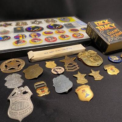 Large Lot of Dick Tracy Collectibles Books Buttons Pins and Badges
