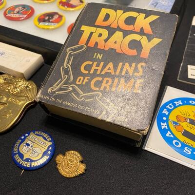Large Lot of Dick Tracy Collectibles Books Buttons Pins and Badges