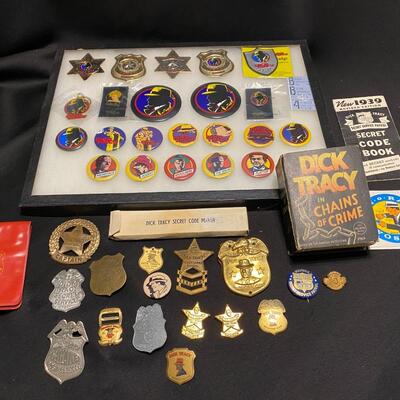 Large Lot of Dick Tracy Collectibles Books Buttons Pins and Badges