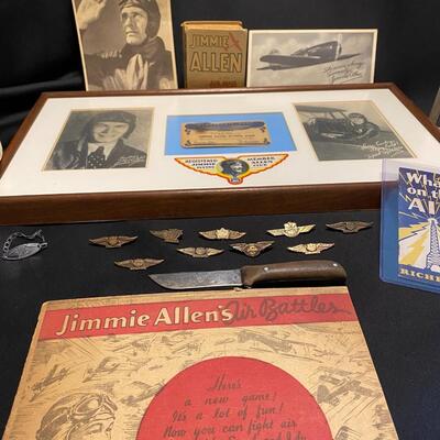 Large Lot of Antique Jimmie Allen Ephemera Collectibles Wings Pins Knife and Photos