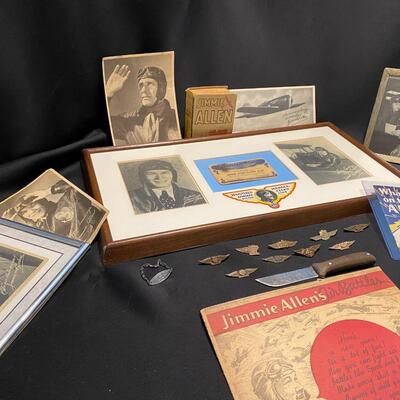 Large Lot of Antique Jimmie Allen Ephemera Collectibles Wings Pins Knife and Photos