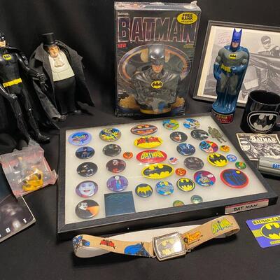 Large Lot of Vintage Batman and Robin and Penguin Buttons Watch Cup Collectibles and Toys