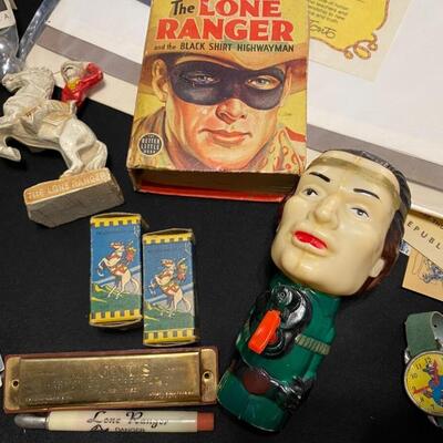 Large Lot of Antique Lone Ranger Collectibles Chalkware Maps Lunchbox Belt Star Badge and Ephemera