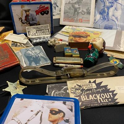 Large Lot of Antique Lone Ranger Collectibles Chalkware Maps Lunchbox Belt Star Badge and Ephemera