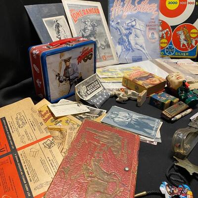 Large Lot of Antique Lone Ranger Collectibles Chalkware Maps Lunchbox Belt Star Badge and Ephemera