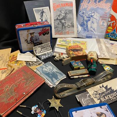 Large Lot of Antique Lone Ranger Collectibles Chalkware Maps Lunchbox Belt Star Badge and Ephemera