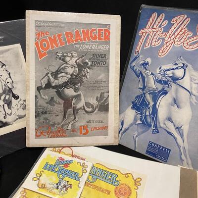Large Lot of Antique Lone Ranger Collectibles Chalkware Maps Lunchbox Belt Star Badge and Ephemera