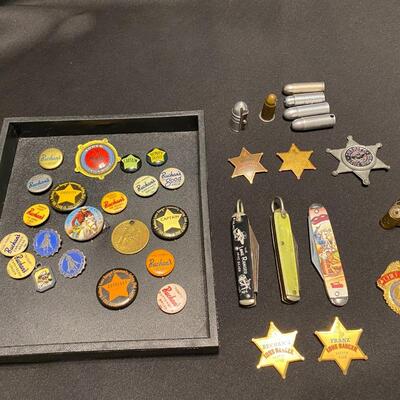 Lot of Vintage Lone Ranger Badges Buttons Pins Ring Pocket Knife Bullets