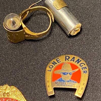 Lot of Vintage Lone Ranger Badges Buttons Pins Ring Pocket Knife Bullets