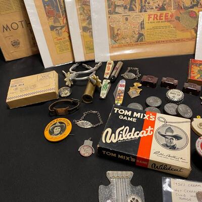 Lot of 1930s and 1940s Tom Mix Comics Ephemera Buttons Pins Pocket Knife and Collectibles