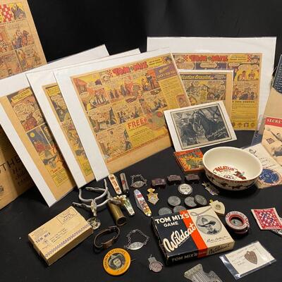 Lot of 1930s and 1940s Tom Mix Comics Ephemera Buttons Pins Pocket Knife and Collectibles
