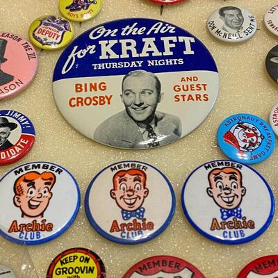 Large Lot of Antique 1900s Buttons Pins Badges and Ribbons of Television Cartoons Characters