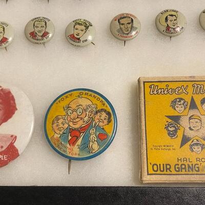 Large Lot of Antique 1900s Buttons Pins Badges and Ribbons of Television Cartoons Characters