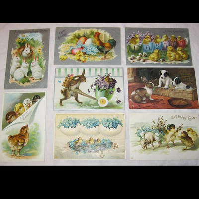 MS 1910 Tucks 8 Postcard Happy Easter Chicks Bunny Rabbit Rooster Oilette England
