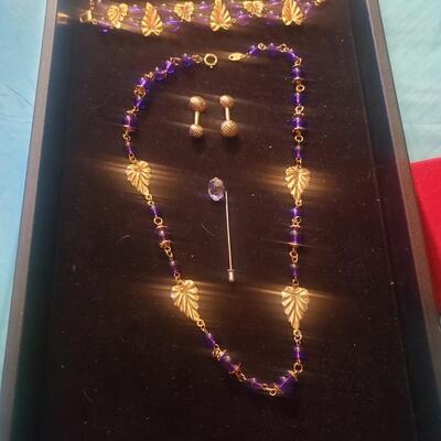 Trifari purple and gold necklace Bracelet cuff pins lapel pin