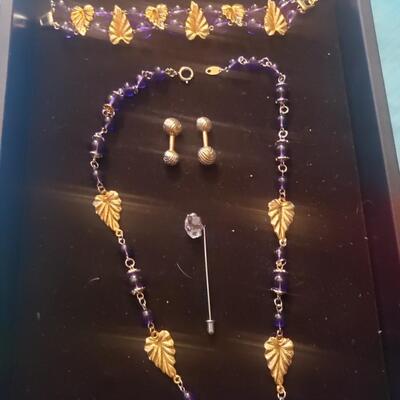 Trifari purple and gold necklace Bracelet cuff pins lapel pin
