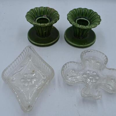 2 green stick holders, 2 glass trinket holder