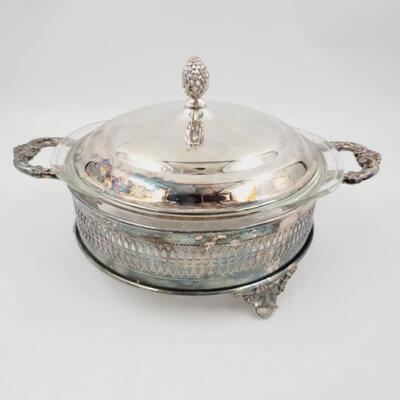 SHEFFIELD SILVER CO CASSEROLE HOLDER BUNDLE W/ CLEAR PYREX BOWL
