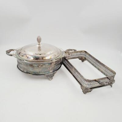 SHEFFIELD SILVER CO CASSEROLE HOLDER BUNDLE W/ CLEAR PYREX BOWL