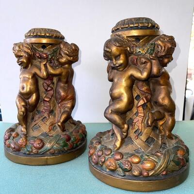 AA   VINTAGE CHUBBY CHERUB CANDLE HOLDERS BY ARMOUR BRONZE