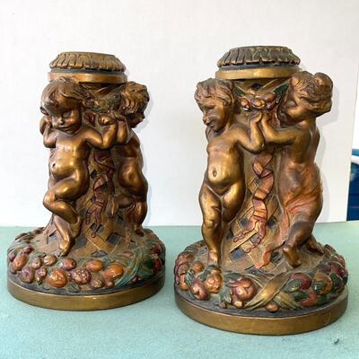 AA   VINTAGE CHUBBY CHERUB CANDLE HOLDERS BY ARMOUR BRONZE