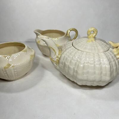 Belleek Irish Porcelain Teapot, Creamer & Sugar Dish