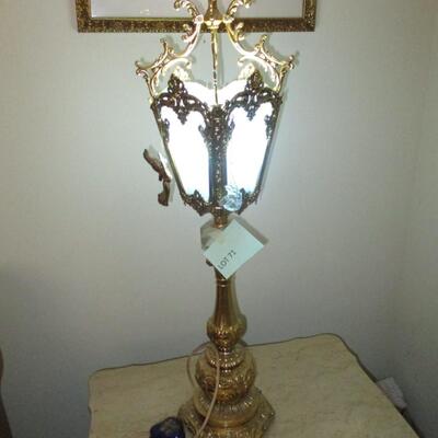 Brass Table Lamp w/Blue stained glass shade