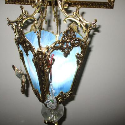 Brass Table Lamp w/Blue stained glass shade